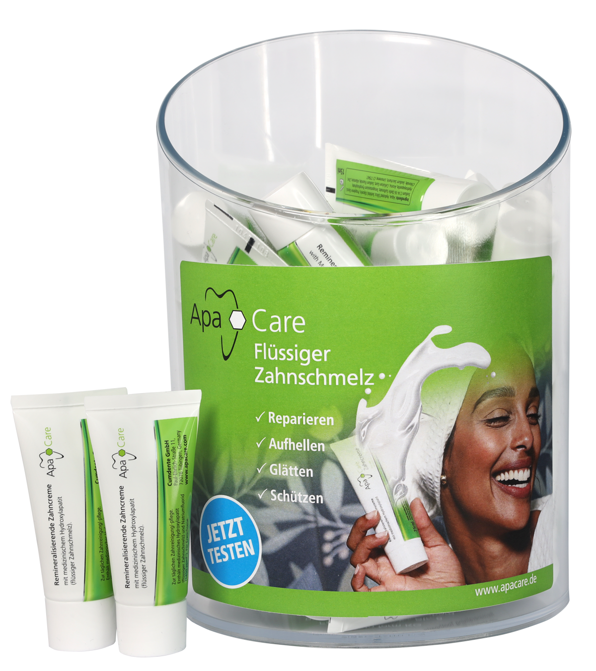 ApaCare remineralizing toothpaste samples 15 ml 40 tubes in an attractive acrylic counter box.